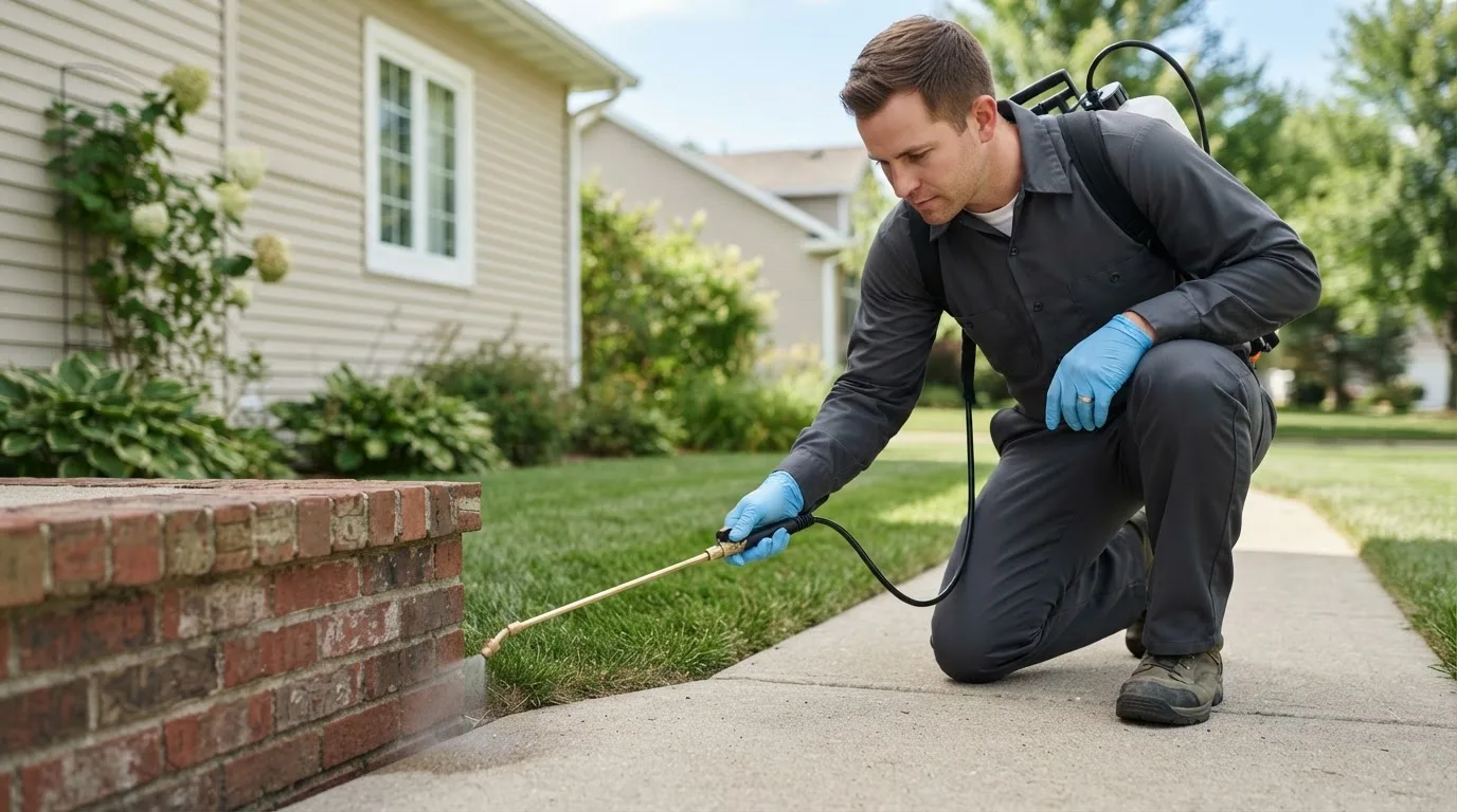 Pest control technician treating a home near Climbing Hill, IA