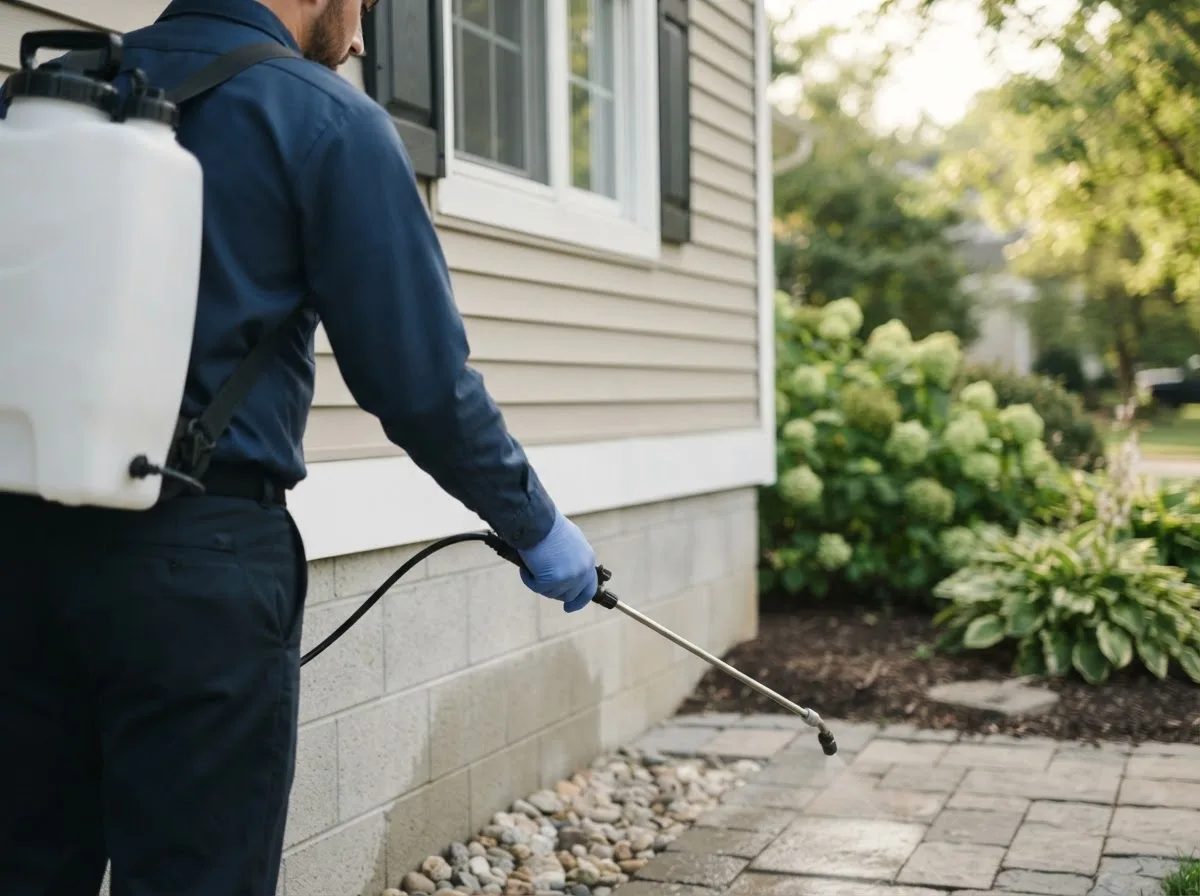 Pest control technician inspecting a home in Climbing Hill, IA